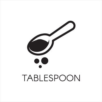 Kitchen tablespoon black flat icon. Spoon with abstract ingredient - logo for cooking various recipes, culinary sites and other projects. Vector illustration