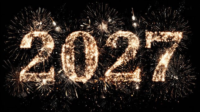 Glowing numerical sequence marking the year two thousand twenty seven illuminates the dark night sky with bright explosive bursts