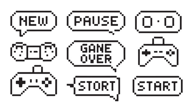 Assorted retro pixel art interface design elements with game controllers and text boxes.