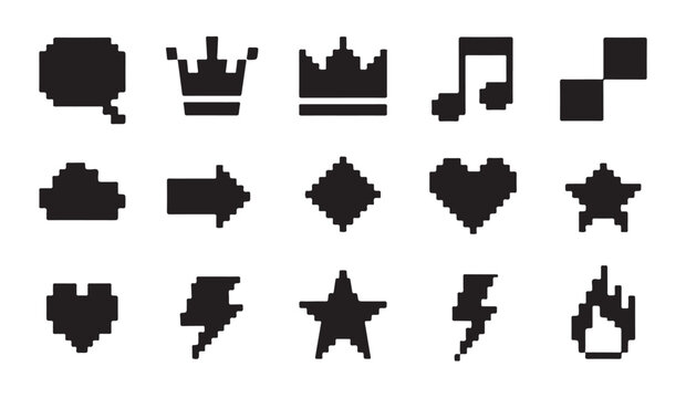 Collection of solid black pixel art silhouettes including crowns hearts stars and music.