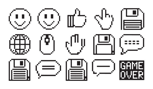 Minimalist outline pixel icons showing smiley faces computer mouse and floppy disk signs.