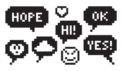 Retro pixel speech bubbles with text words hope hi ok yes and various game style icons set. © Md