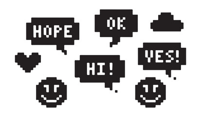 Collection of pixelated talk balloons with greetings and expressive icons for game design. © Md