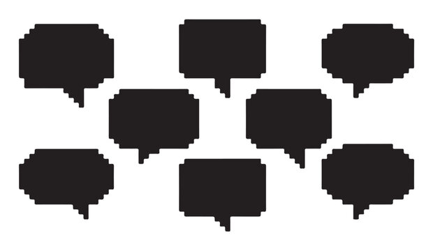 Black pixel art speech bubble shapes set for retro gaming user interface design elements.