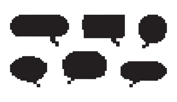 Pixel art speech bubble collection with various retro shapes for message and game design.
