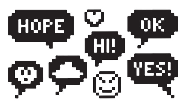 Retro pixel speech bubbles with text words hope hi ok yes and various game style icons set.
