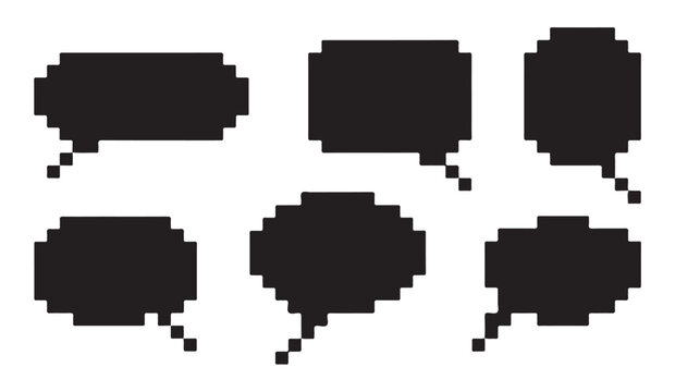 Set of pixelated dialog boxes for retro video game interface and digital messaging layout.