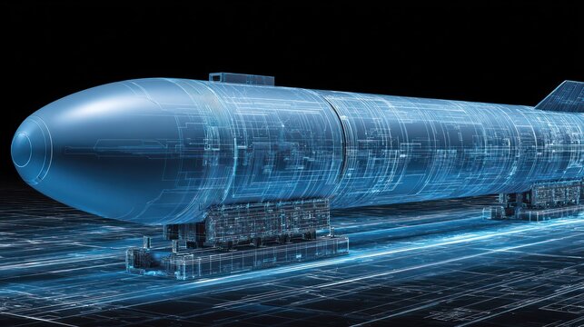Advanced projectile assembly illuminated with digital blueprint schematics against a dark background