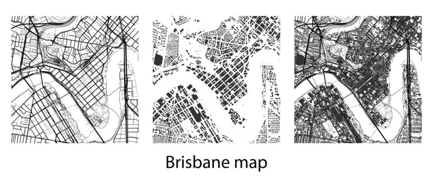 Brisbane city map vector illustration with building footprints, roads, highways, and streets background for urban planning, navigation, or design.