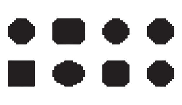 Abstract pixelated geometric shapes and frames set for retro digital branding and graphics.