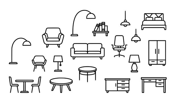 Creative furniture outline vector icon set with minimalist interior symbols
