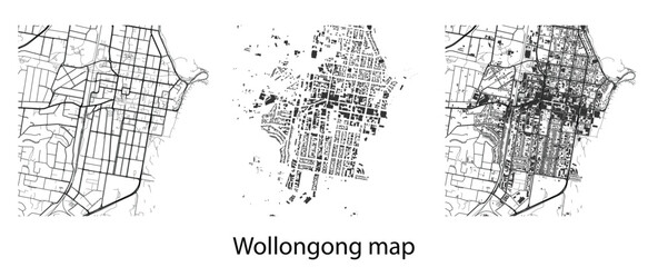 Obraz premium Minimalist Wollongong City Map Vector Set, Abstract Urban Plan with Roads, Building Footprints and Coast Topology, Architectural Design Elements.