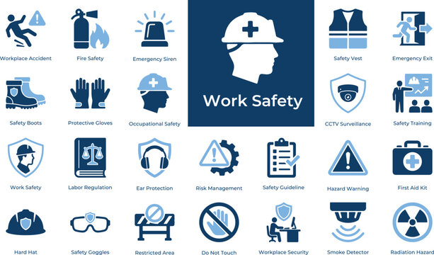 Work Safety Icons Set with Editable Stroke. Workplace accident prevention, fire protection, emergency, and occupational safety vector elements.
