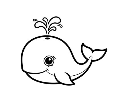 Happy cartoon whale spouting water, simple outline for children's content