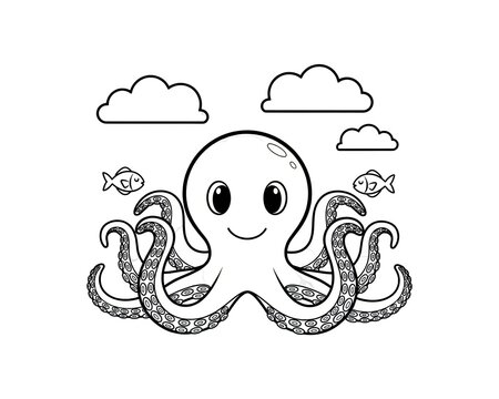 Cute cartoon octopus with fish and clouds, outline for children