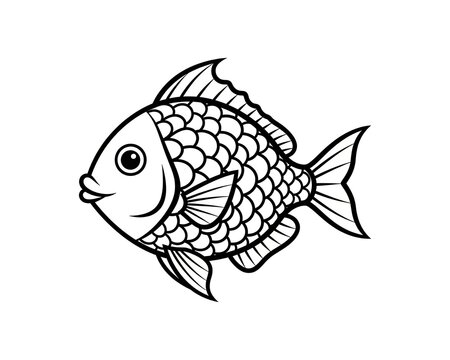 Stylized fish with scales and fins, simple black and white line art