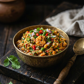 Prawn bhorta a spicy prawn mash served in a traditional brass bowl with fresh herbs and spices
