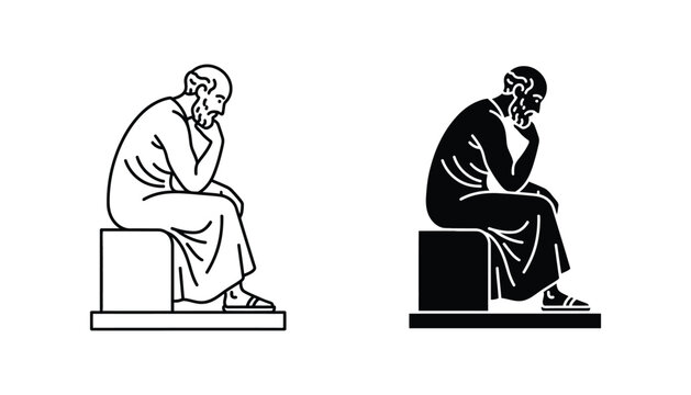Philosopher thinker statue icon set depicting man sitting and thinking in outline and solid black silhouette styles for intellectual and academic graphic design projects