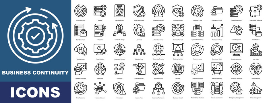 Business Continuity icon pack collection set for business management. With Continuity, Shield, Recovery, Risk, Backup, Protection, Emergency, Downtime, Disaster Recovery, Workflow.