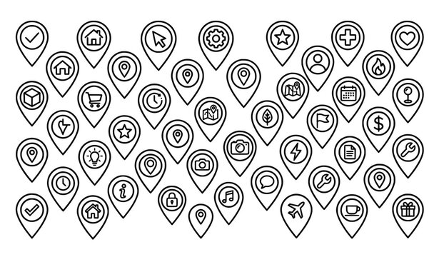 Creative geolocation outline vector icon set with minimalist map pin symbols