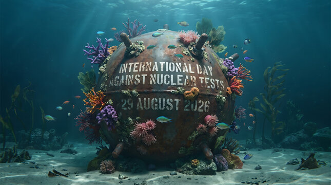 International Day Against Nuclear Tests 2026 &mdash; Rusted Naval Mine Covered in Vibrant Coral Reef Underwater Ocean Scene