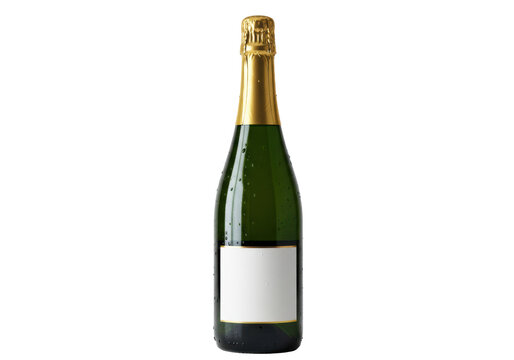 Premium deep emerald green sparkling champagne bottle with gold foil, blank label, condensation, on seamless transparent background, negative space for minimalist beverage advertising concept