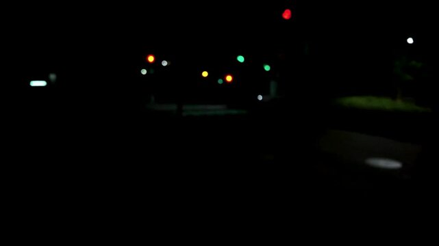 Image of a nighttime intersection with traffic lights.