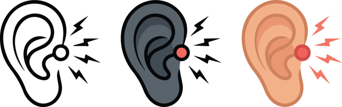 Medical illustration set of human ears with lightning bolts showing earache pain hearing damage or tinnitus symptoms