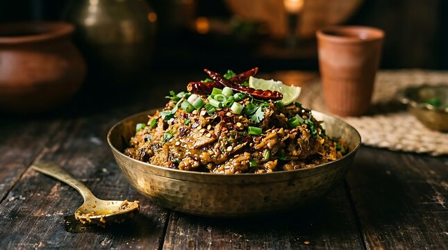 shutki bhorta a traditional bangladeshi dish served in a brass bowl with chili peppers and herbs