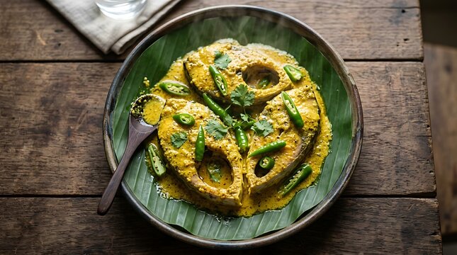 ilish bhapa a traditional steamed hilsa fish dish served on a banana leaf close up