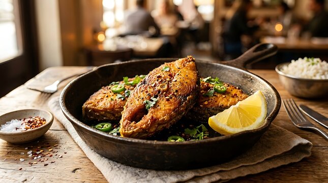fried hilsa fish dish ilish bhaja served in a cast iron skillet with lemon and chili peppers
