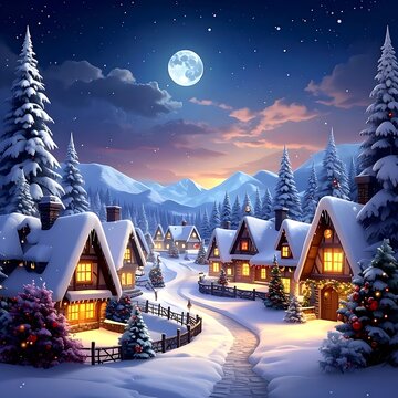 A serene winter village under a full moon with snow-covered houses and trees