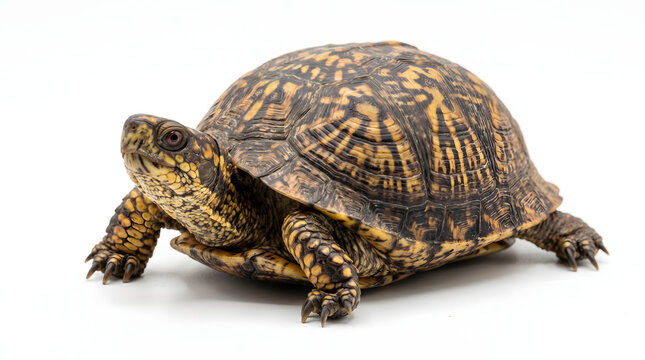 Close-up studio shot of a common box turtle on a white background, showcasing its patterned shell and textured skin