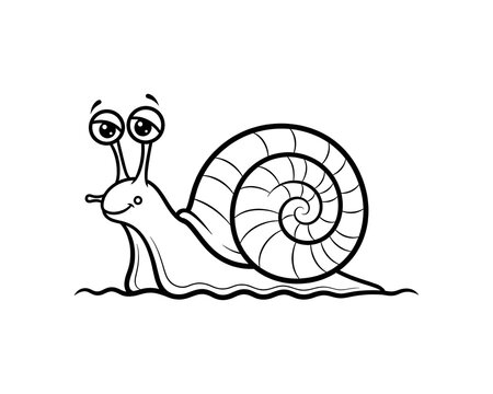 Cute cartoon snail with big eyes, happy expression, simple line art for children