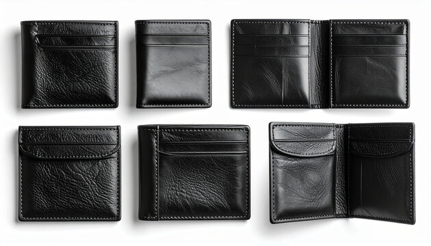 Black leather wallets in various arrangements