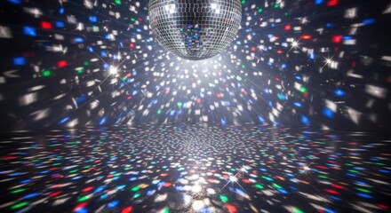 Spinning disco ball reflecting colorful light beams on a dark floor and background surface