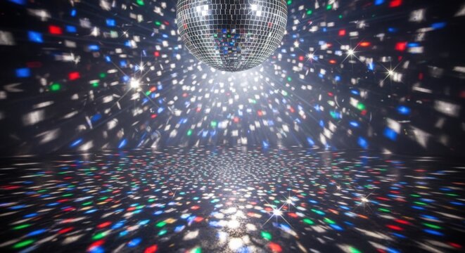 Spinning disco ball reflecting colorful light beams on a dark floor and background surface