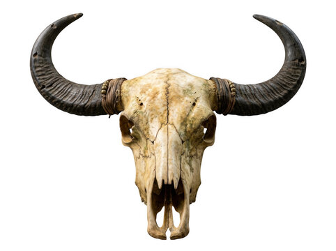 Large buffalo skull with horns isolated on transparent background