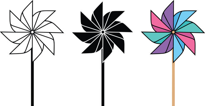 Colorful and Silhouette Pinwheel Toy Vector Icon Set Featuring Outline Windmill Whirligig Graphics for Childhood Summer Playing and Festival Designs