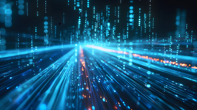 Abstract digital technology background with highspeed data flow and binary code streams