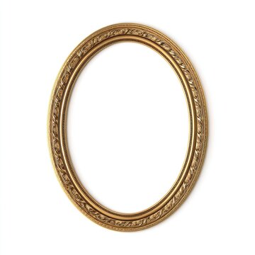 an oval picture frame with a gold metal texture, in a simple and elegant style, with clear details on a white background. the composition is symmetrical and balanced, presenting an overall sense