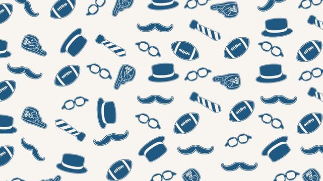 Father&rsquo;s Day American Football Pattern. Looping animated 4K background featuring footballs, foam fingers, hats, mustaches, ties, and glasses in a seamless sporty dad-themed motion design.