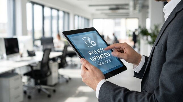 Business professional holding tablet with policy updated notification, Corporate compliance, new rules implementation, governance management, regulatory change, and digital documentation process. 