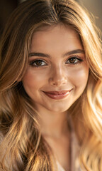 Naklejka premium Close Up Portrait of a Smiling Young Woman with Brown Eyes and Blonde Hair,