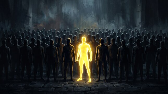 Unique Individual Standing Out in Crowd with Glowing Light Symbolizing Leadership and Difference