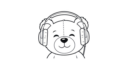 Cute Teddy Bear Wearing Headphones, Listening to Music, Line Art Illustration © rahma