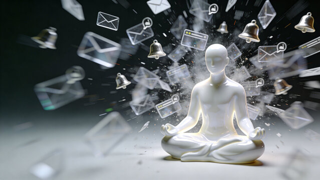 A futuristic 3D conceptual scene showing a glossy white porcelain figure meditating calmly in a lotus pose while being swarmed by exploding digital envelopes, bells, and browser notifications on a dar
