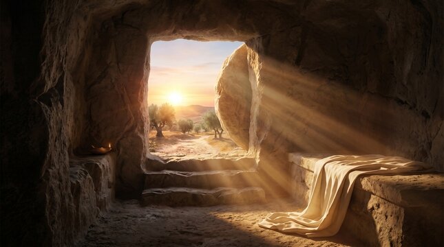 Bright morning sunlight rays shining into empty stone tomb cave with folded linen clothes on slab for traditional christian happy easter resurrection holiday religious celebration background.