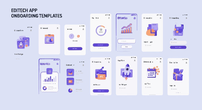 Mobile app onboarding screens vector kit, fintech and productivity interface, modern gradient UI components, editable vector templates