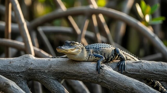 A young alligator resting on a tree branch in a mangrove swamp